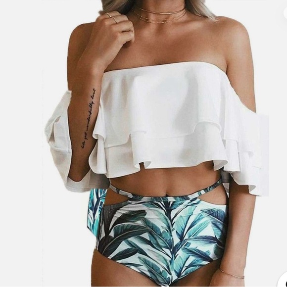 Other - White swim bottoms with blue and green Leaf Print